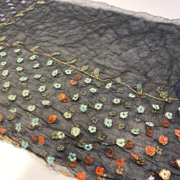 Vintage Handpainted Victorian Scarf - Sheer Floral Paisely and Gold Trim Paint - Picture 7 of 11